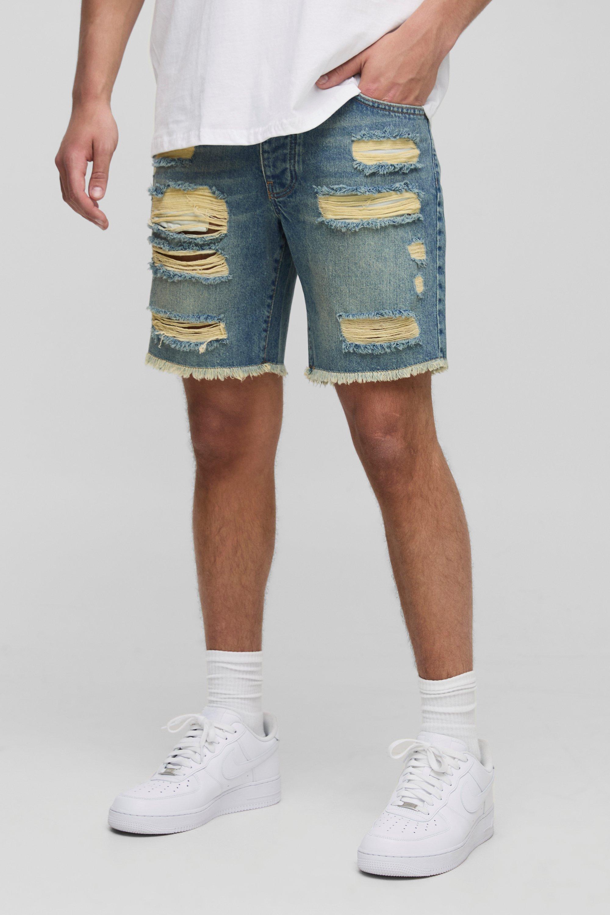 Straight Fit Ripped Washed Blue Denim Shorts